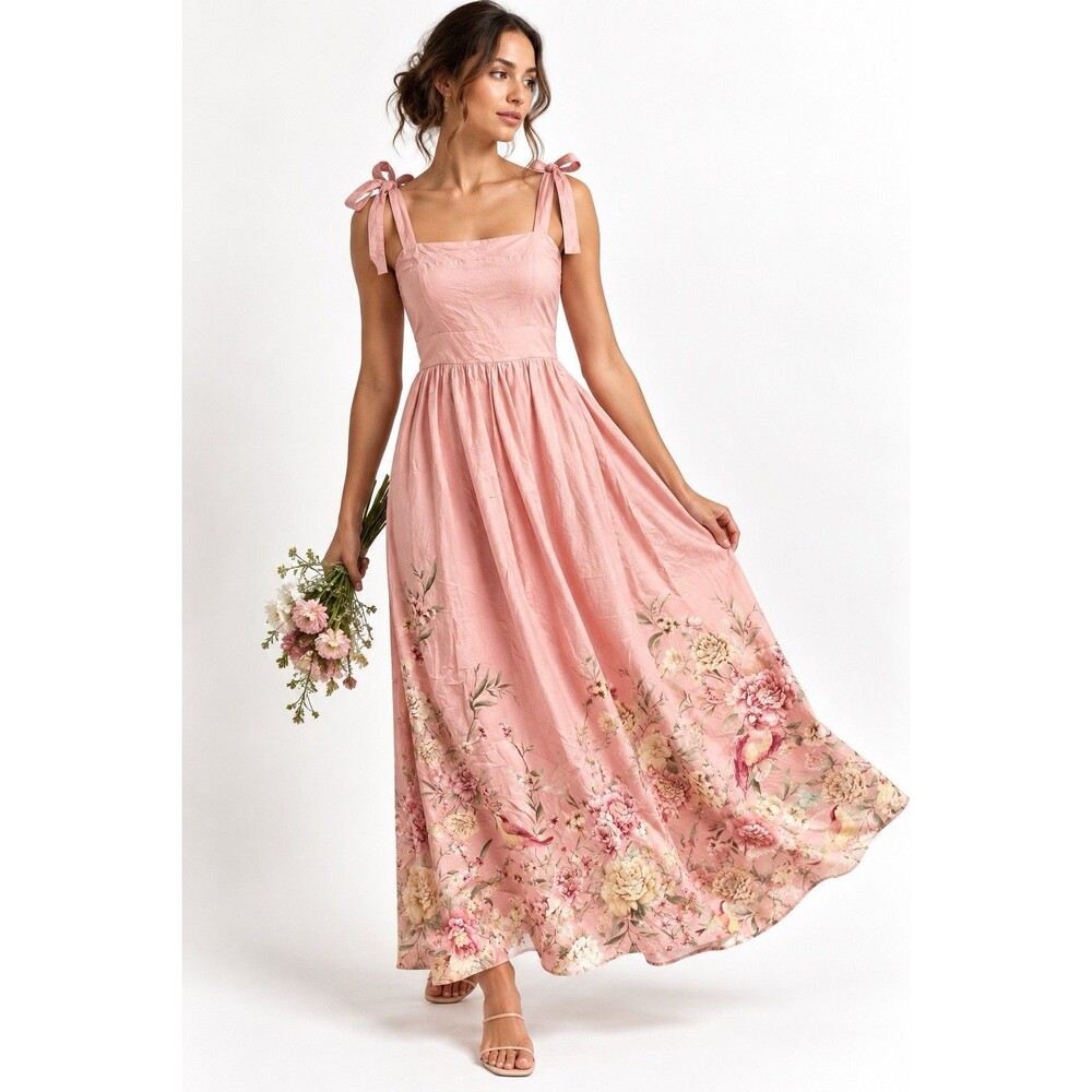 NWOT Joie Pink Floral Bird Border Print Tie Shoulder Maxi Dress Small